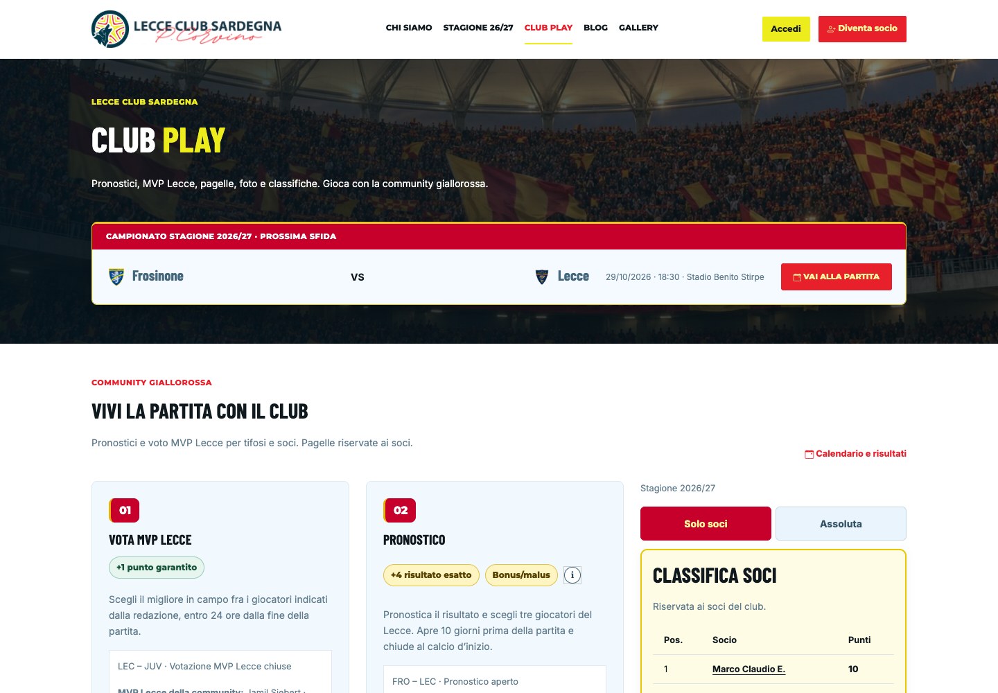 Schermata dell’area Club Play del Lecce Club Sardegna
